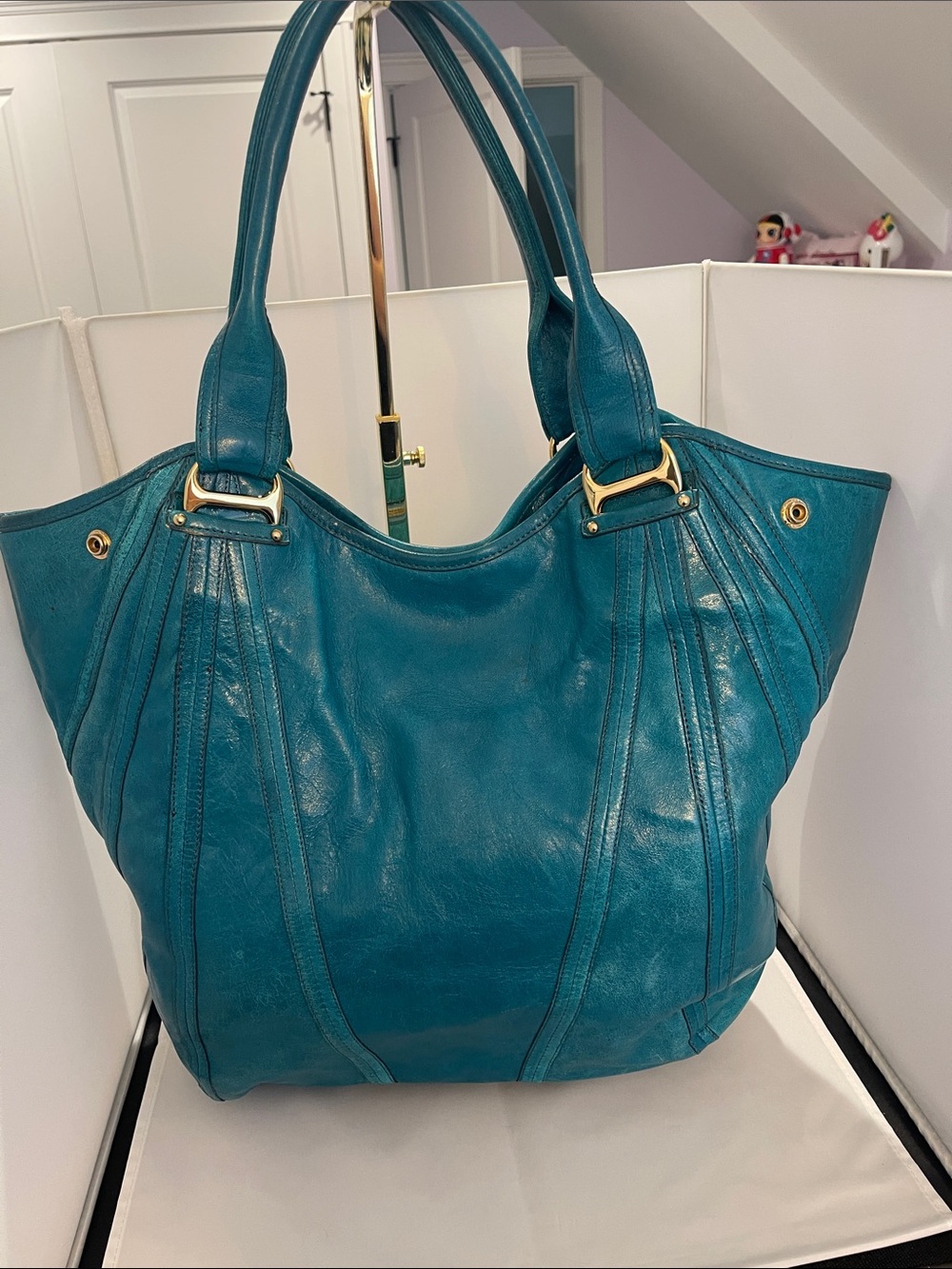 Kooba Teal Leather Tote with Gold Hardware